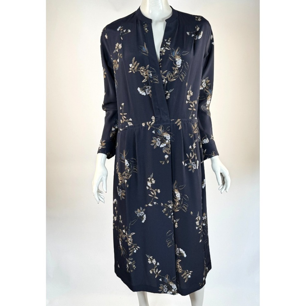 Vince Floral Silk Shirtdress Women S‎ EUC $485 Long Sleeve V-neck Pockets Navy